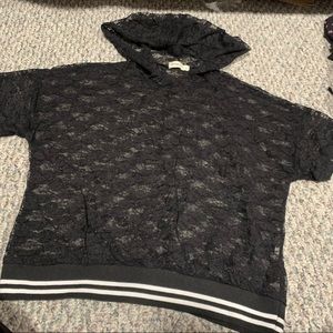 Black hooded sheer lace short sleeve top